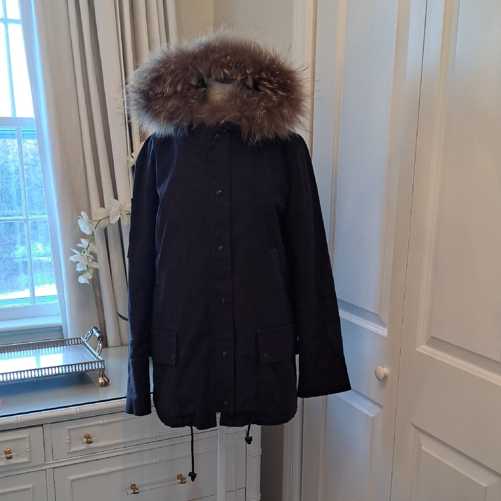 Sandro Paris Womens Winter Black Hooded Parka‎ Faux Fur Trim Fleece Lining MED